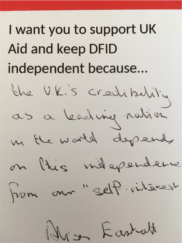 MP postcard in support of UK Aid