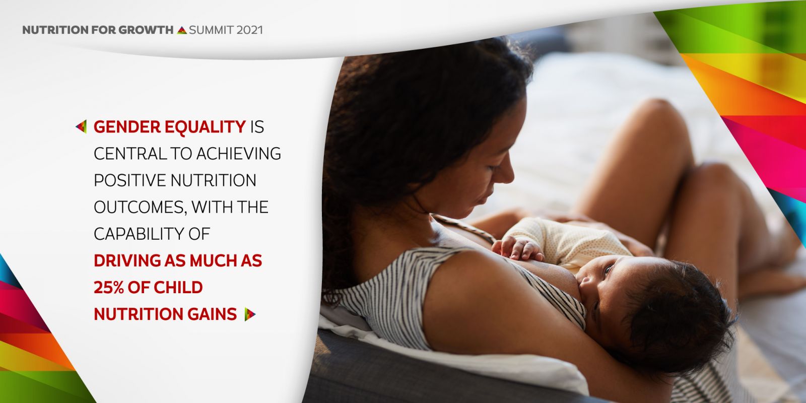 Nutrition for growth summit 2021 Left hand side text: Gender equality is central to achieving positive nutrition outcomes, with the capability of driving as much as 25% of child nutrition Gaines Right hand image: woman breastfeeding a baby