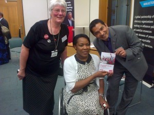 Gill Price, from the Stort Valley RESULTS group speaks with with Anne Wafula Strike and Purna Shrestha from VSO 