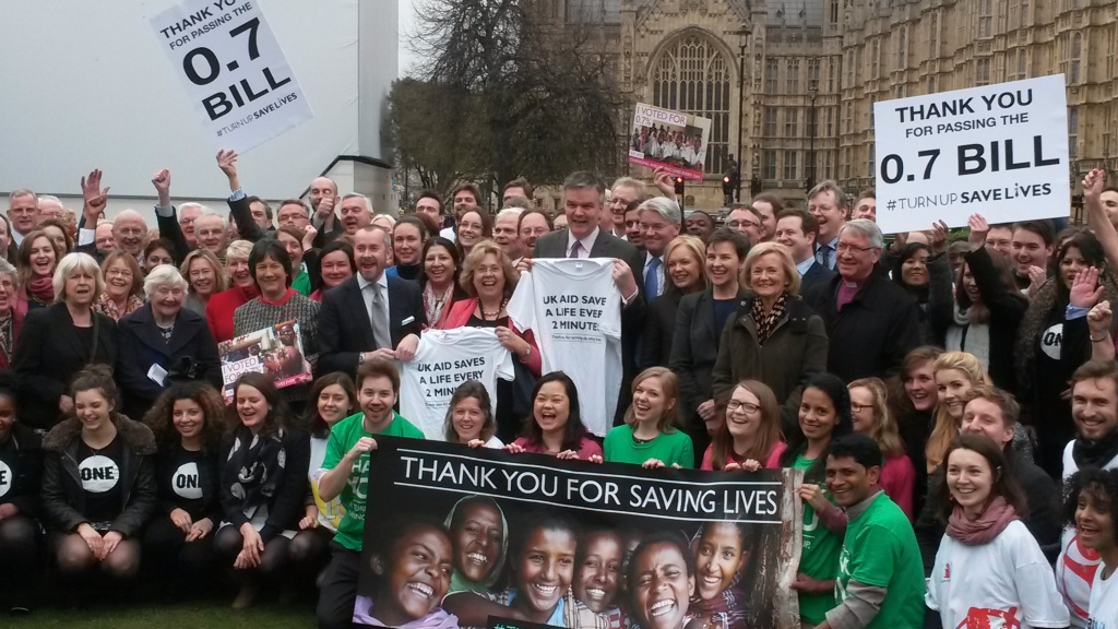 Campaigners and politicians celebrate outside Parliament after yesterday’s ‘Third Reading’ of the Bill in the House of Lords.