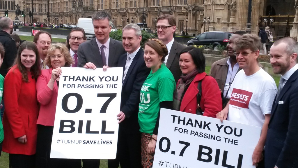 RESULTS’ Head of Policy Advocacy Steve Lewis, a long-time campaigner on 0.7%, with politicians who have guided the 0.7% Bill through Parliament, including Michael Moore MP (the Bill’s sponsor in the Commons), Baroness Suttie, and DFID Minister Baroness Northover.